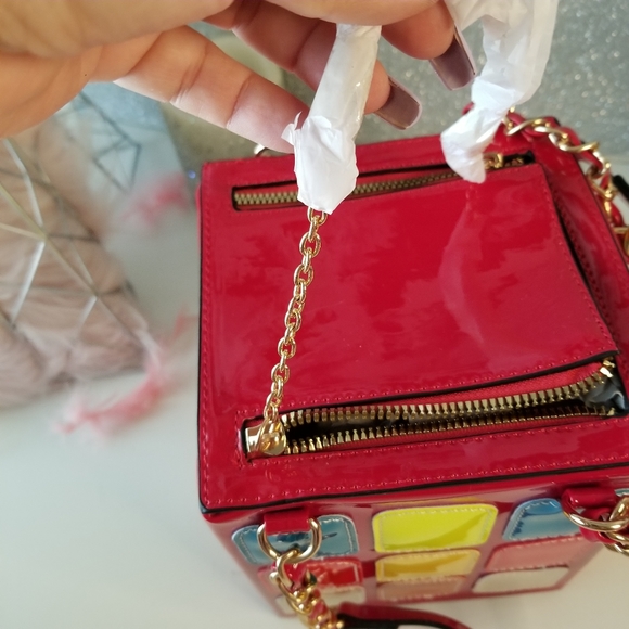 Retro Glossy Red Multicolor Square Rubiks Cube Shape Purse Chain Handbag NEW - Picture 6 of 16